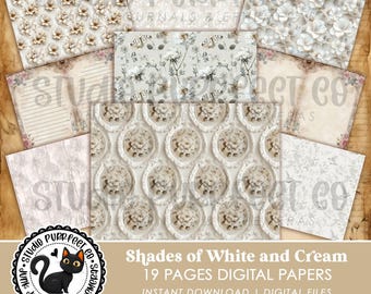 Shades of White and Cream Digital Papers, Ivory Beige Vintage Backgrounds Journal Pages, Printable Soft Blank Lined Sheets Neutral Downloads