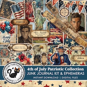 Patriotic American Junk Journal Kit Printable, Vintage 4th of July Ephemera, Red White Blue Shabby American Cottage Independence Pages