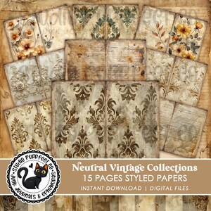 Papiers numériques neutres de style vintage, pages pliables de journal indésirable, encarts de papier anciens grunge imprimables, lot de papeterie de scrapbooking