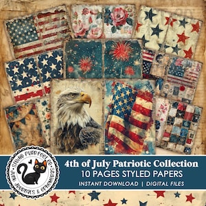 4th of July Patriotic Styled Papers Printable, Foldable Junk Journal Pages, Printable Red White Blue Digital Paper, Americana Journal Scrap