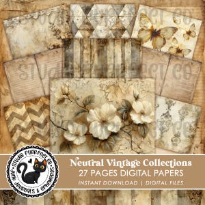 Neutral Vintage Digital Papers, Printable Junk Journal Antique Backgrounds, Lined and Blank Pages, Aesthetic Grunge Scrapbooking Stationary