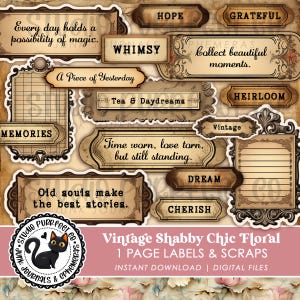 Etiquetas imprimibles de estilo shabby chic para diarios basura con palabras y frases vintage, descarga digital, material decorativo efímero para scrapbooking y manualidades.
