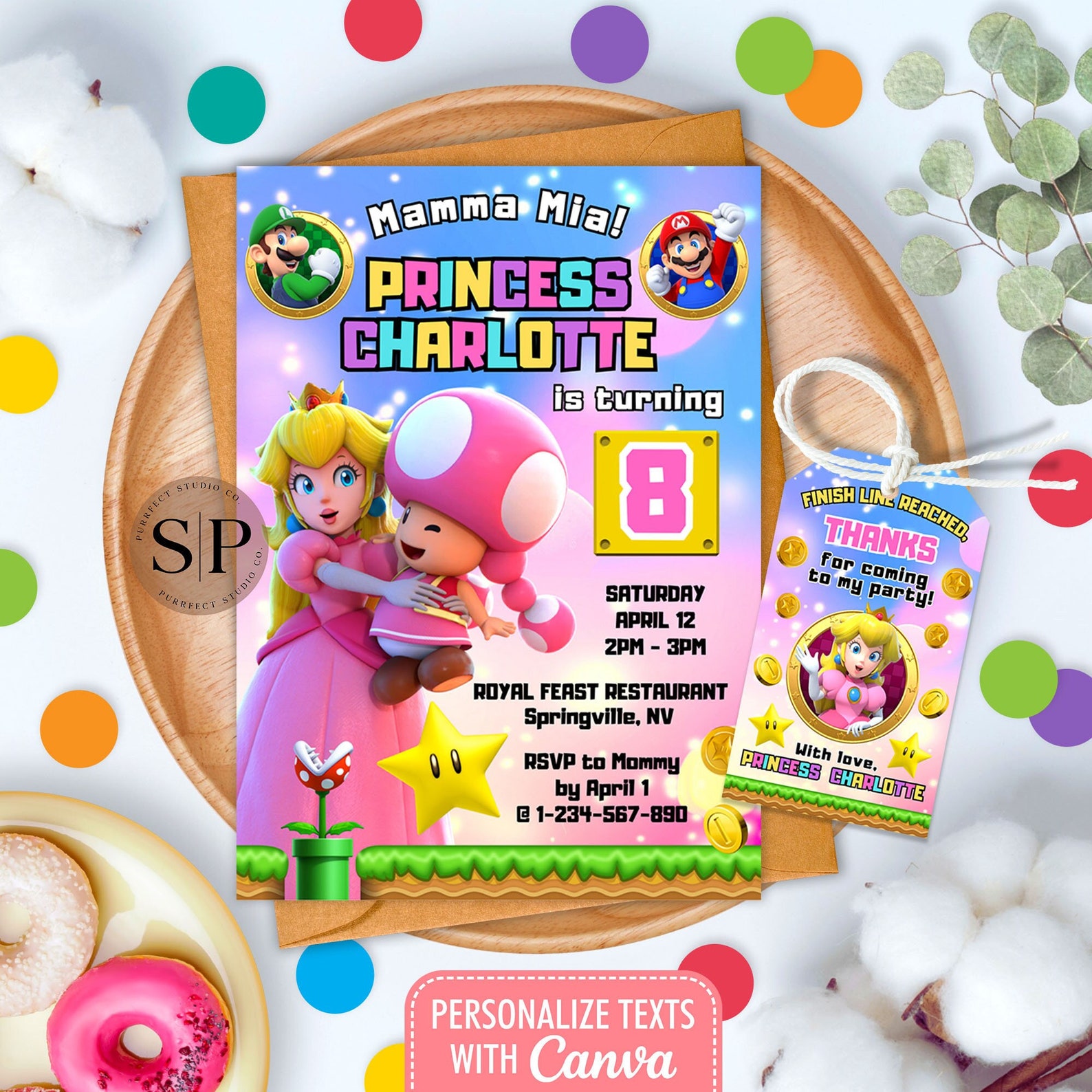 Editable Girl Birthday Princess Peach 5x7" Invitation Template Thank ...