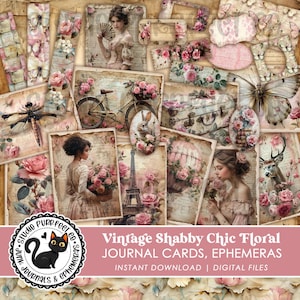 Shabby Chic Junk Journal Vintage Ephemera, Printable Journal Cards Tags Frames, Crafting Projects Faded Pink Floral Papers Digital Download