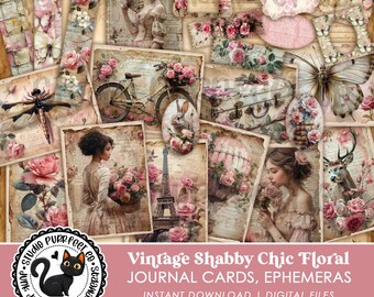 Shabby Chic Junk Journal Vintage Ephemera, Printable Journal Karten Tags Rahmen, Bastelprojekte Faded Pink Blumen Papiere Digitaler Download
