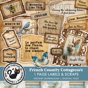 Etiquetas para diario basura de estilo cottagecore francés, frases con animales, palabras y citas vintage enmarcadas, retazos florales de primavera en azul polvoriento imprimibles.