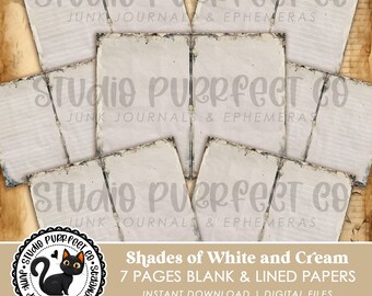 Shades of White and Cream Blank and Lined Papers, Soft Neutral Vintage Printable Stationary Junk Journal Pages Scrapbooking Instant Download