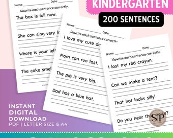 Kindergarten Sentence Writing Practice Exercises Worksheet, Handwriting Copy the Sentences Activity, Printable English Homeschool Literacy