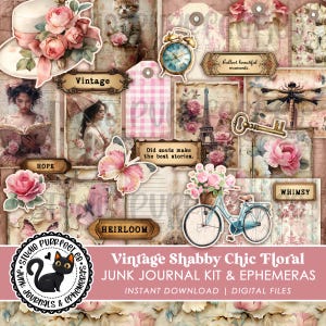 Kit imprimible de diario basura Shabby Chic, papel floral vintage rosa descolorido, descarga digital en PDF, páginas de álbum de recortes, materiales para manualidades