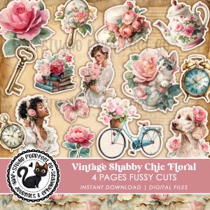 Fussy Cuts for Shabby Chic Junk Journals Printable Floral Ephemera, Digital Downloads Crafting Stickers Collage Kit Vintage Scrapbooking