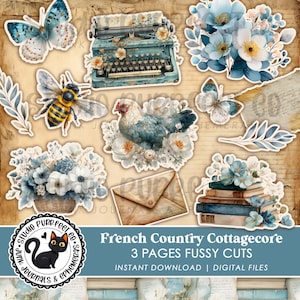 French Country Cottagecore Junk Journal Kieskeurige Cuts, Vintage Cottage Flowers Butterfly Bee, Printable Dusty Blue Floral Spring Scrap Pack