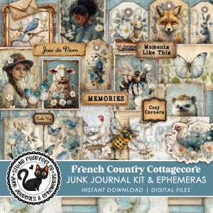Kit de diário de objetos decorativos estilo cottagecore francês, páginas de papel vintage sem costura, pacote de recortes de primavera com estampa floral azul-poeira para impressão