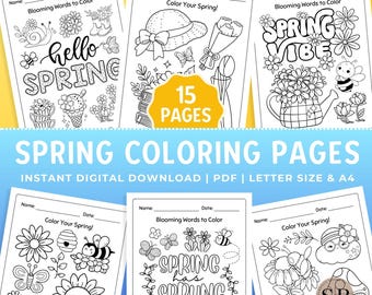 Spring Coloring Pages Activity Printable PDF Bundle Pack, Season Colouring Worksheets for Preschool Kindergarten Homeschool Instant Download