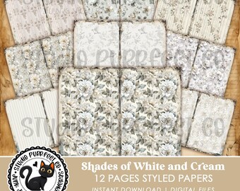 Shades of White and Cream Styled Digital Papers, Foldable Junk Journal Pages, Neutral Vintage Soft Ivory Beige Sheets Signatures Kit Bundle