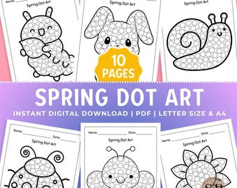 Hojas de trabajo imprimibles en PDF con actividades de arte de puntos de primavera, paquete de marcadores de puntos para colorear de primavera, manualidades, preescolar, jardín de infantes y educación en casa.