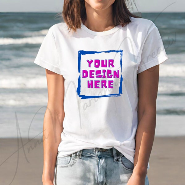 B&C TW04T weißes Shirt Mockup T-Shirt Modell realistisch Frau für den optimalen Verkauf