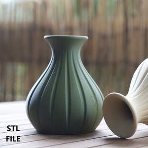 Può includere: Due vasi in ceramica con un design a coste. Il vaso a sinistra è verde e il vaso a destra è bianco. STL FILE.