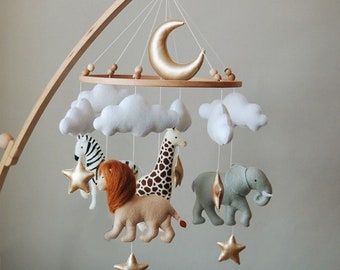 Animals Baby Mobile, Neutral Nursery Mobile, Felt Safari Giraffe, Zebra and Elephant, Crib Mobile, Moon and Clouds Mobile