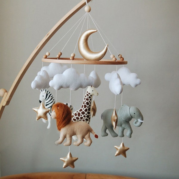 Animals Baby Mobile, Neutral Nursery Mobile, Felt Safari Giraffe, Zebra and Elephant, Crib Mobile, Moon and Clouds Mobile