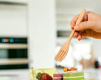 Tenedor y cuchillo de fruta de madera / Tenedor y cuchillo de postre, Tenedor de cuchara de estilo japonés, Cubiertos de madera, Cubiertos únicos, Reutilizables, Regalo de bienvenida