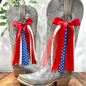 TRENDING Patriotic Boot Bows | Red Blue and White Boot Bows | Country Concert Outfit | Country Concert Boot Bows | Lacey Boot Bows