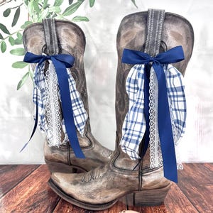 Navy Blue and White Country Concert Boot Bows | Navy and White Boot Bows | Country Concert Boot Accessory | Gingham Boot Bows I Bachelorette