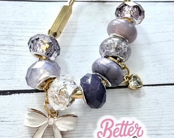 Amethyst Beaded Keychain w/ Gold Bow Charm | Personalized Initial Bag Charm | Purse Accessory | Purple Carabiner Charm | Gold Bag Accessory