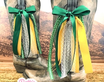 College GameDay Boot Bows | University Game-day | Green and Gold Boot Bows | Game-day Accessory | Boot Bows I Graduation Gift