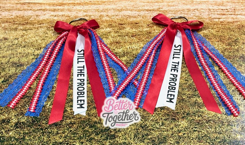May include: Two hair accessories with red bows, white ribbons with "STILL THE PROBLEM" text, and blue and red accents. The accessories are on a grassy surface, with a "Better Together Studio" logo.