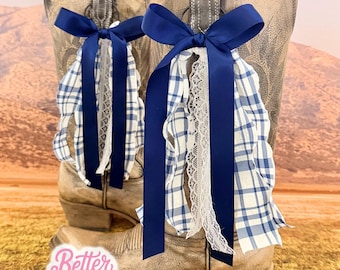 Navy Blue and White Country Concert Boot Bows | Navy and White Boot Bows | Country Concert Boot Accessory | Gingham Boot Bows I Bachelorette