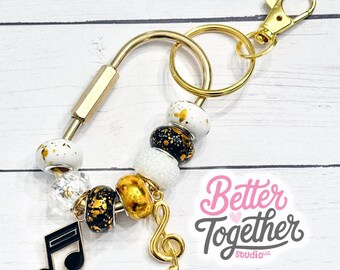 Music Keychain | Music Carabiner Charm | Black White & Gold Beaded Keychain | Band Gift | Music Note Bag Charm | Musician Gift