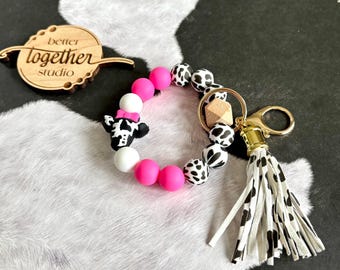 Black Cow Print Wristlet Keychain, Black Cow Print Key Chain, Western Wristlet Keychain, Cow Print Wristlet, Black and Pink Cow Keychain