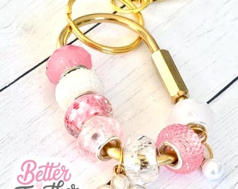 Pink Floral Beaded Keychain with Flower Charm | Personalized Initial Charm | Purse Accessory | Carabiner Bag Charm | Bag Accessory