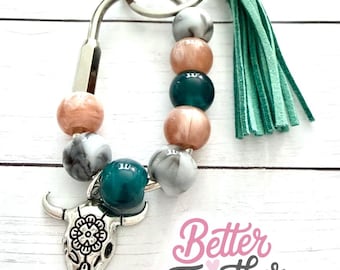 Western Beaded Keychain with Charms | Personalize Initial Bag Charm | Purse Accessory | Carabiner Bag Charm | Silver Bag Accessory