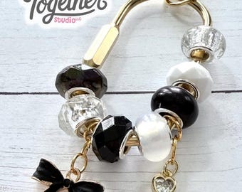 Black and White Beaded Keychain w/ Gold Bow Charm | Personalized Initial Bag Charm | Purse Accessory | Carabiner Charm | Gold Bag Accessory