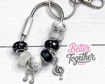 Music Keychain | Music Carabiner Charm | Black White & Silver Beaded Keychain | Band Gift | Music Note Bag Charm | Musician Gift