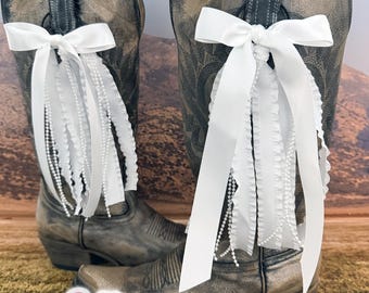 White Country Concert Boot Bows | White Boot Bows | Country Concert Boot Accessory | Boot Bows | Pearl Boot Bows | White Pearl Boot Bows
