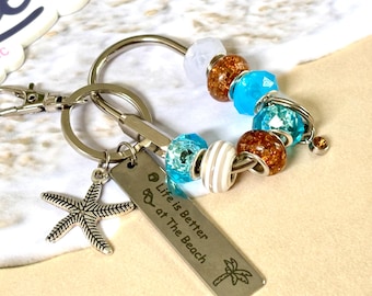 Life is Better at the Beach Keychain,  Silver Carabiner Charm, Starfish Keychain, Purse Charm, Bag Charm, Personalized Keychain