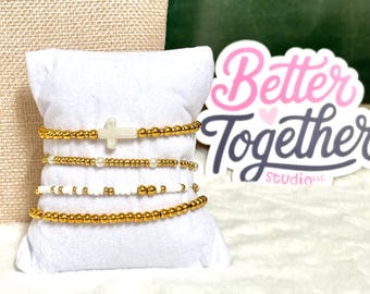 The Evergrace Stack | Pearl Cross Bracelet Stack | Beaded Bracelets | Bracelet Stack | Beaded Bracelets | Handmade Bracelets | Faith Jewelry