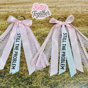 May include: Two pink hair accessories with bows and ribbons, one with a light blue ribbon that reads "STILL THE PROBLEM" in black text. The accessories have lace and are on a green and brown background.