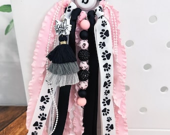 Cat Tassel, Cat Mom Tassel, Cat Print with pearls and ruffles, Paw Print Bag Charm *CUSTOMIZABLE*