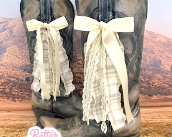 Ivory Country Concert Boot Bows | Cream Boot Bows | Country Concert Boot Accessory | Boot Bows | Lacey Boot Bows | Gingham Lace Bachelorette