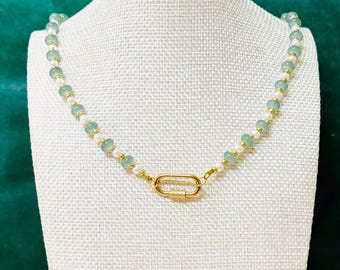 Sage & Pearl Glass Bead Necklace – Front Carabiner Closure | Handmade Beaded Necklace | Gold Accent Necklace | Statement Necklace