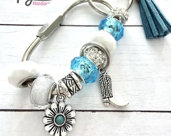 Blue Western Beaded Keychain with Charms | Personalize Initial Bag Charm | Purse Accessory | Carabiner Bag Charm | Bag Accessory