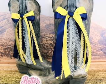 TRENDING College Inspired Boot Bows, Double Bows, Game Day Boot Bows, Navy & Yellow  Boot Bows, Bows