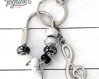 Music Instrument Keychain | Music Carabiner Charm | Black White & Silver Beaded Keychain | Band Gift | Music Note Bags Charm | Musician Gift