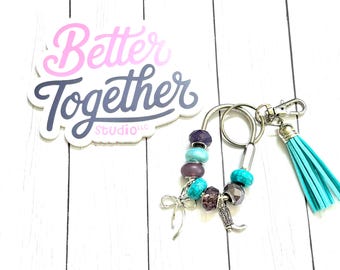 Turquoise Western Beaded Keychain with Charms | Personalize Initial Bag Charm | Purse Accessory | Carabiner Bag Charm | Silver Bag Accessory