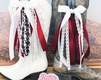 Nœuds pour bottes College GameDay |  Journée de jeu universitaire | Nœuds pour bottes blancs et grenat | Accessoire pour le jour du match | Cadeau de remise des diplômes Nœuds pour bottes I