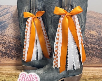 TRENDING College Inspired Boot Bows | GameDay Boot Bows | Orange Boot Bows I Graduation Gift | Game Day Boots | Checkered Boot Bows