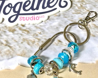 Beachy Keychain,  Silver Carabiner Charm, Dolphin Charm, Dolphin Keychain, Purse Charm, Bag Charm, Personalized Keychain